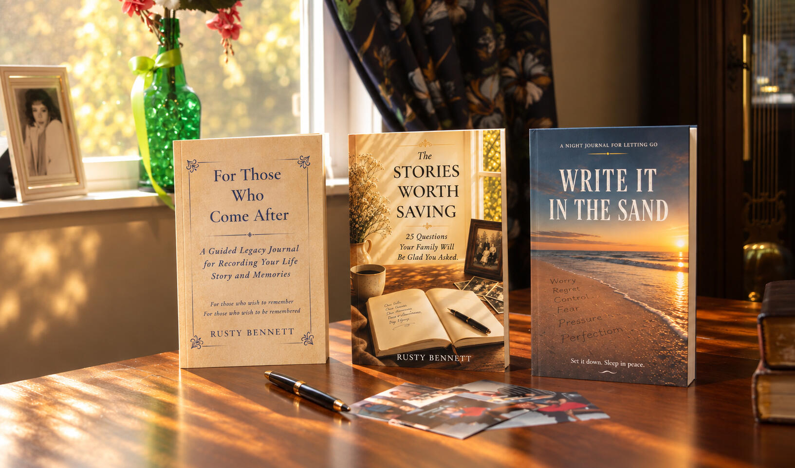 Three books on table